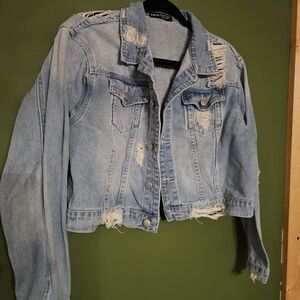 Shein Cropped Distressed Light Blue Denim Jacket